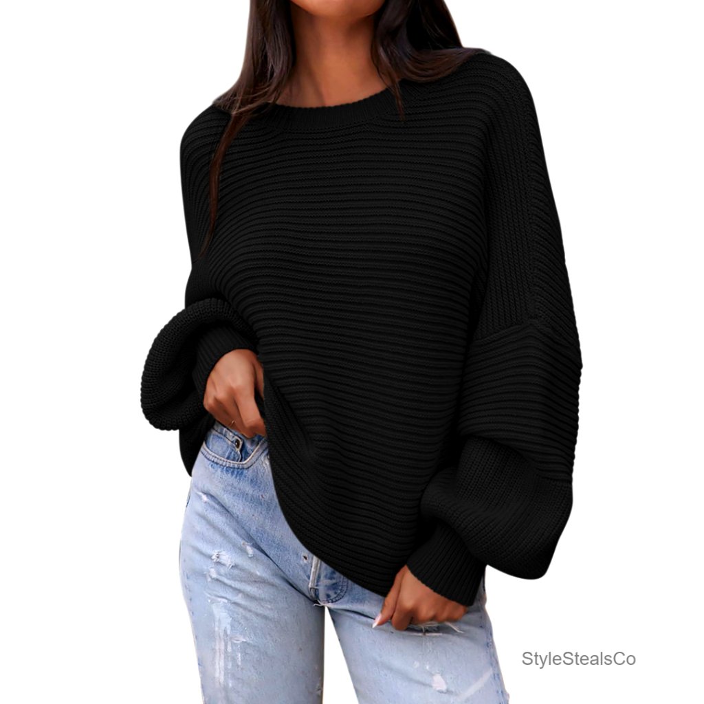 Oversized Chunky Knit Pullover Sweater Lantern Sleeve Crew Neck